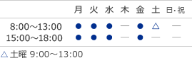 診療時間 8:00～13:00 15:00～18:00 土曜 9:00～13:00 休診日：木曜、土曜午後、日曜・祝日